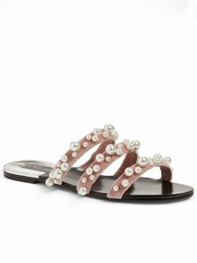 Leith Pink Velvet Triple-Strap Pearl Slide Sandal